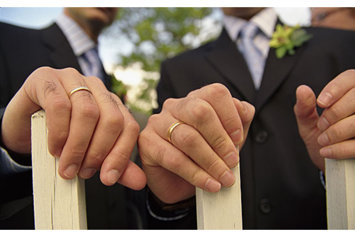 Gay men married showing their wedding rings